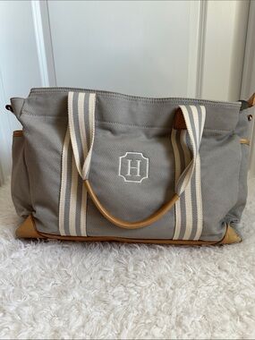Pottery Barn Kids Monogram Canvas Diaper Bag in Gray with Striped Handles